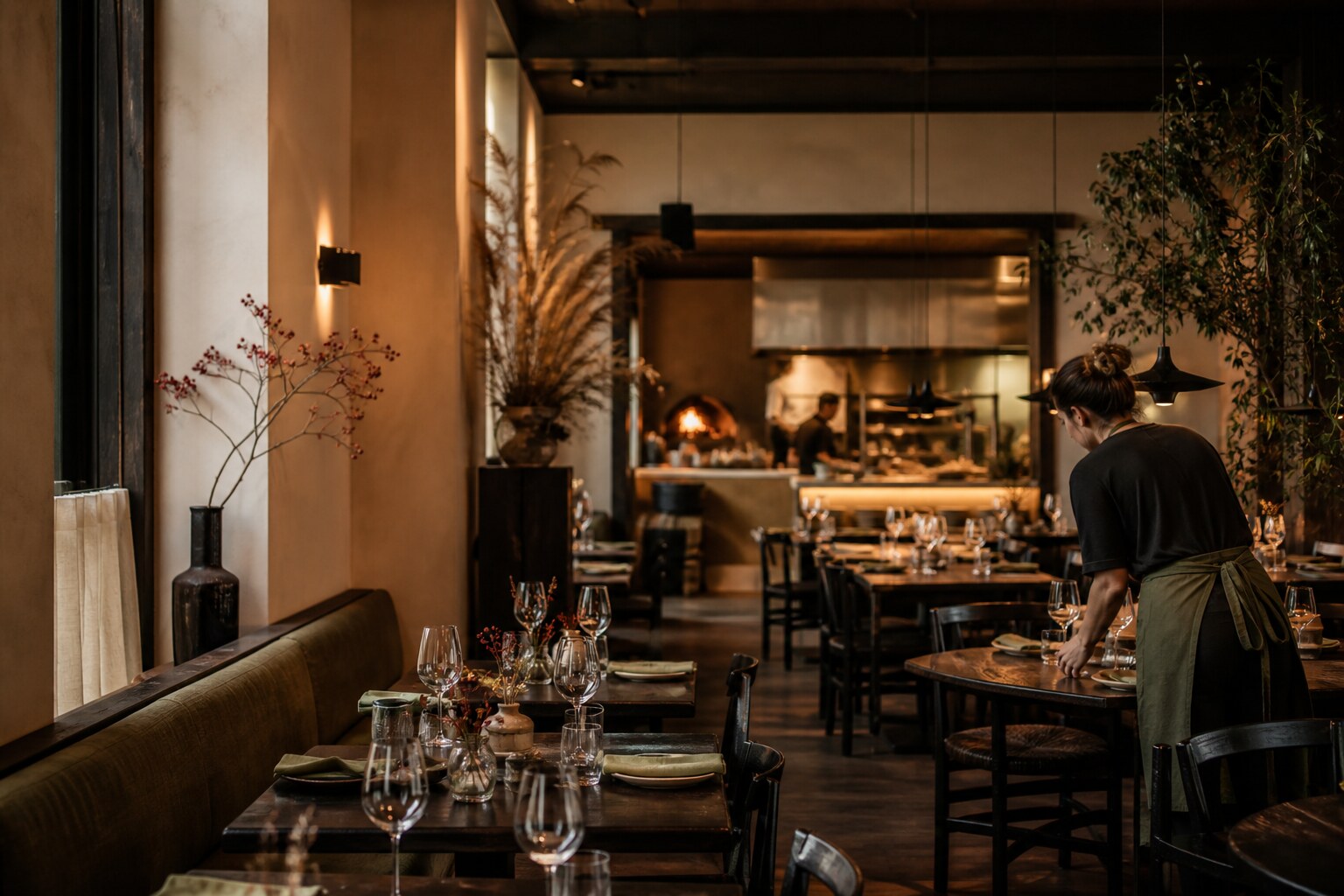 Ciepłe wnętrze restauracji Czerwony Tymian z otwartą kuchnią